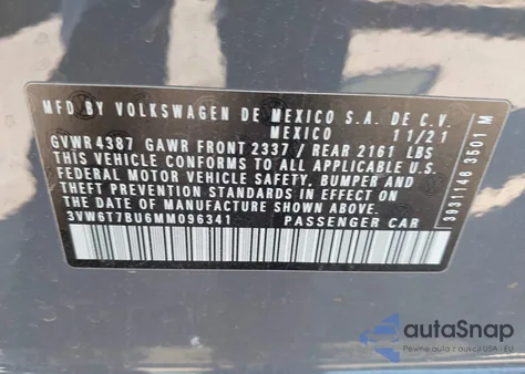 2021 Volkswagen Jetta Gli 2.0T Autobahn/2.0T S z USA, uszkodzony, nr VIN 3VW6T7BU6MM096341